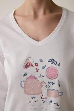 Conjunto de pijama de manga larga con cuello en V y estampado Cup Of Tea