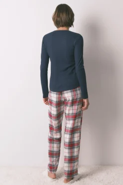Pantal&oacute;n largo algod&oacute;n franela cuadros rojo