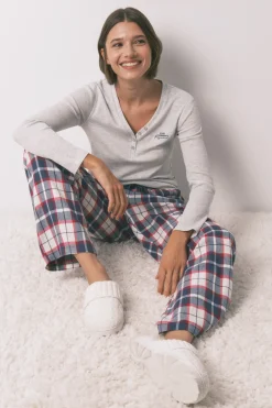 Pantalón largo 100% algodón franela cuadros azul