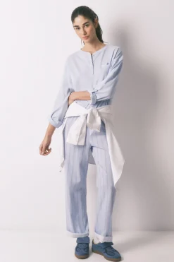 Pantalón largo 100% algodón estampado rayas azul