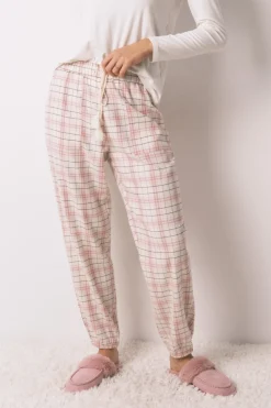 Pantal&oacute;n largo franela rosa print cuadros
