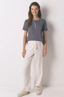 Pantal&oacute;n largo franela blanco print cuadros