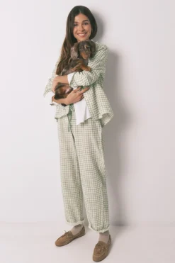 Pijama camisero largo 100% algod&oacute;n estampado cuadros
