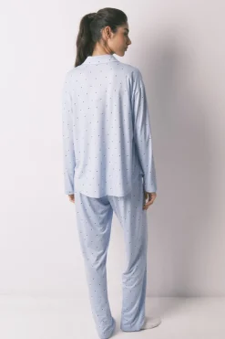 Pijama camisero largo azul estampado puntos