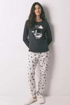 Pijama largo 100% algod&oacute;n gris estampado Mafalda