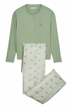 Pijama largo punto suave verde estampado perritos